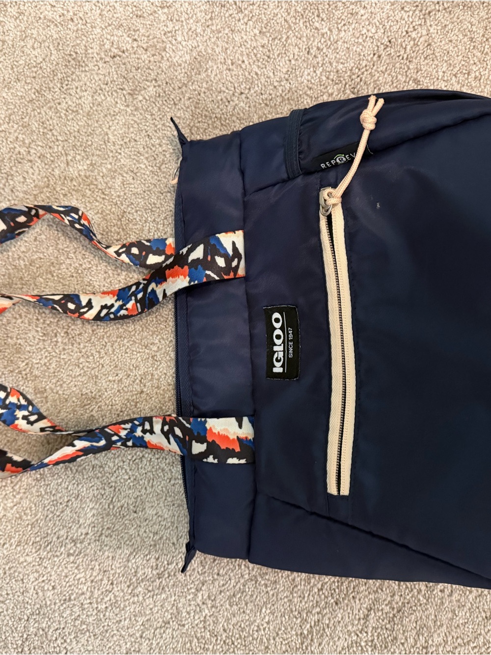 Igloo Navy Tote with Patterned Multicolor Straps